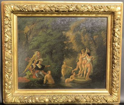 Anonyme, XIXème. Baigneuses. Huile sur panneau....
