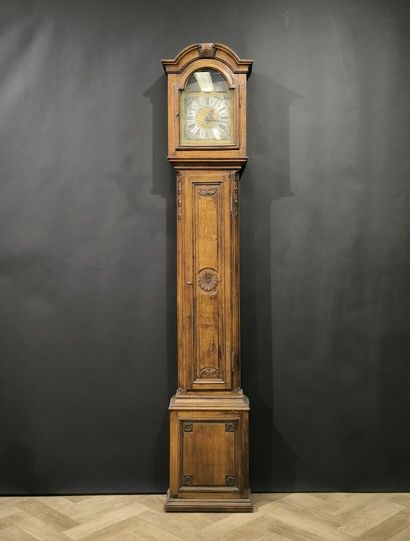 Oak parquet clock with carved flower decoration,...