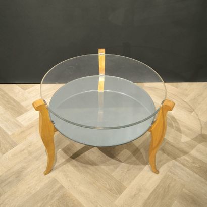 Round pedestal table in wood, mirror and...