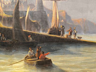 Ecole du XIXème. Bateaux près d'une côte....
