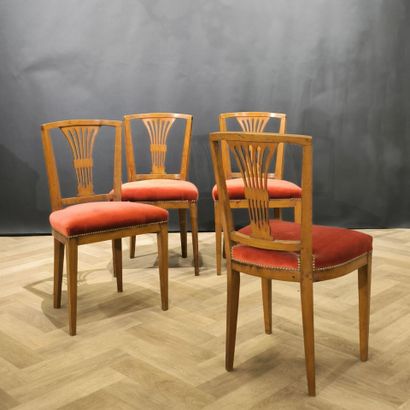 Suite of 4 chairs in natural wood, red velvet...