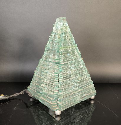 Pyramid lamp made of blue-green glass slats...