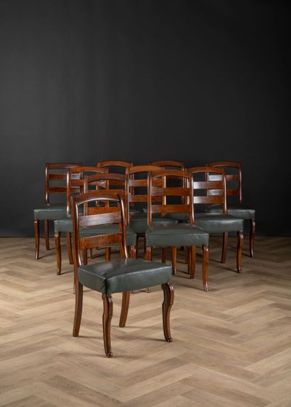 Suite of ten stained walnut chairs with banded...