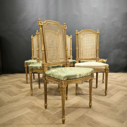 Suite of 6 chairs in gilded wood, upholstered...