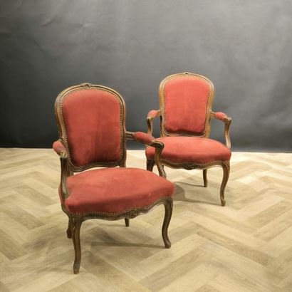Pair of armchairs in natural wood, red velvet...