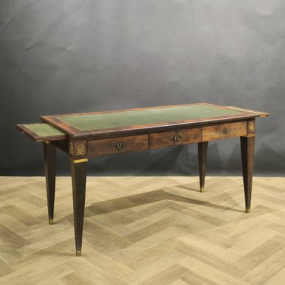Veneered desk, opening with three belted...