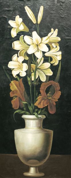 Anonyme, XXème siècle. Vases de lys et d'iris....