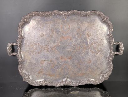 Large silver-plated tray with handles, engraved...