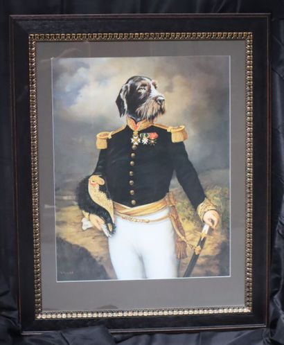 Four portraits of dogs: 
Blackened wood frame...
