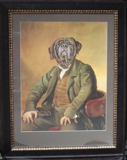Four portraits of dogs: 
Blackened wood frame...