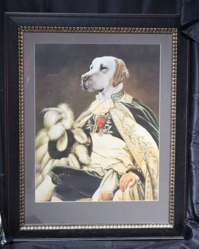 Four portraits of dogs: 
Blackened wood frame...