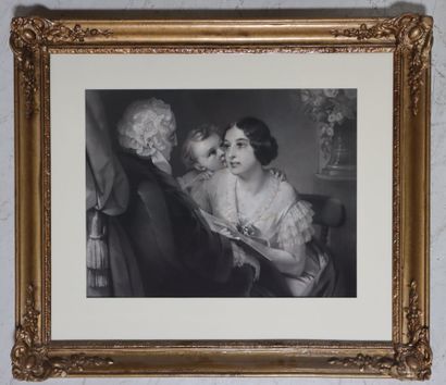 Anonymous. Family scene. Lithograph. Stains....