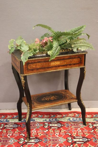Floral marquetry planter, spacer shelf, blackened...
