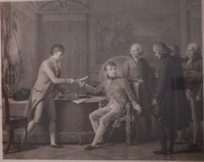 Deux estampes en noir représentant Napoléon,...