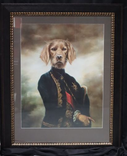 Four portraits of dogs: 
Blackened wood frame...
