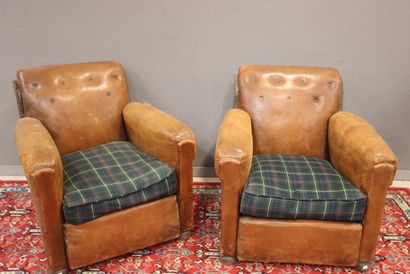 Pair of club armchairs upholstered in studded...