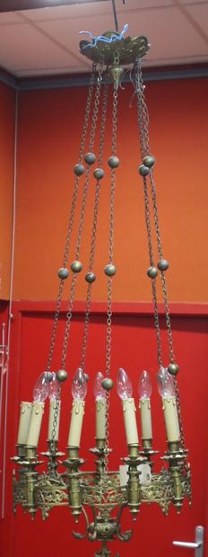 Nine-light gilded metal chandelier, the crown...