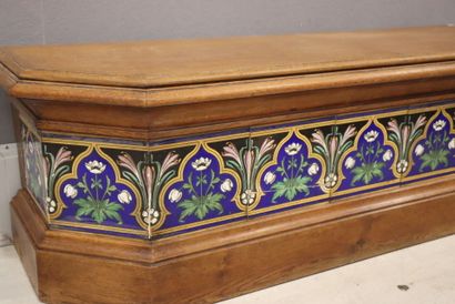 Oak chest bench, decorated with Gien-style...