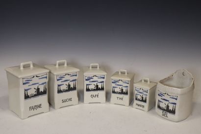 Six boites à épices en céramique à décor...