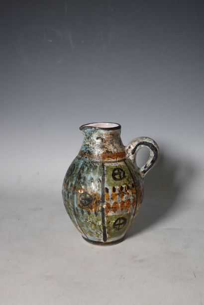 Painted ceramic pitcher with abstract orange-green...