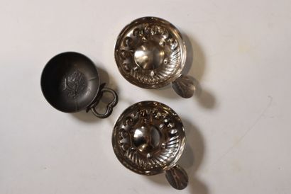 Small set of 2 metal tastevins and a pewter...