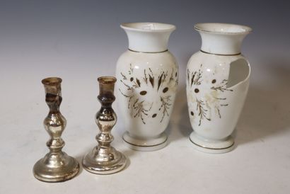 A pair of silvered glass candlesticks (Ht....