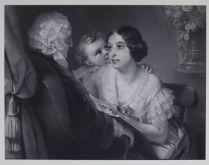 Anonymous. Family scene. Lithograph. Stains....