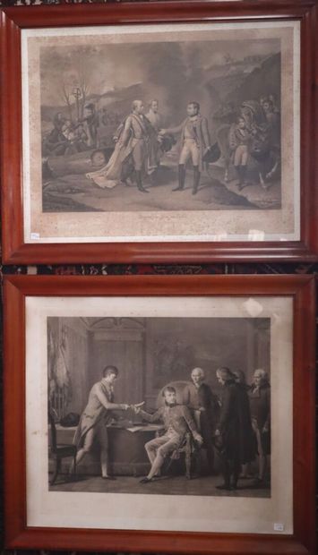 Deux estampes en noir représentant Napoléon,...