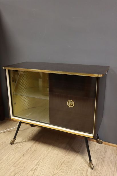 Wood and Formica bar cabinet in natural wood...