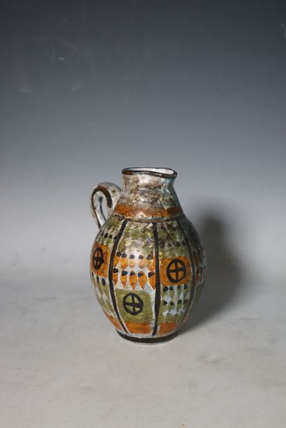 Painted ceramic pitcher with abstract orange-green...