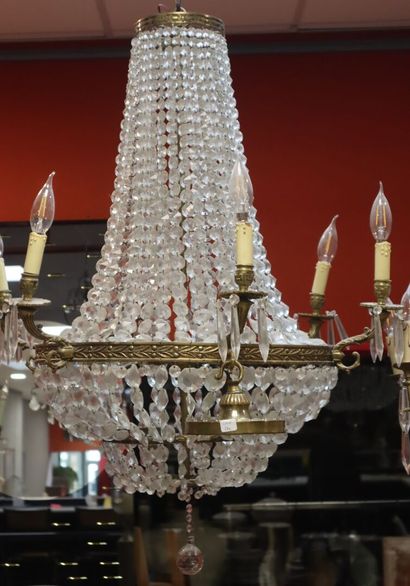 Metal and gilded brass basket chandelier...