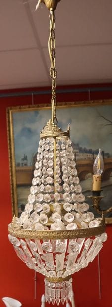 Small brass and gilded metal basket chandelier...