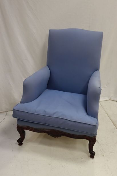 Wide armchair in stained wood with blue cotton...