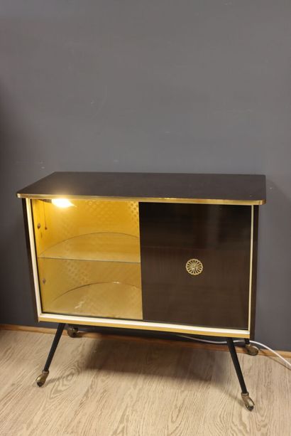 Wood and Formica bar cabinet in natural wood...