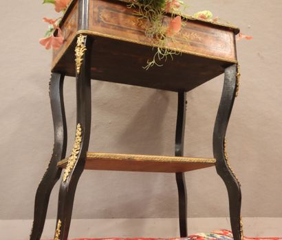 Floral marquetry planter, spacer shelf, blackened...