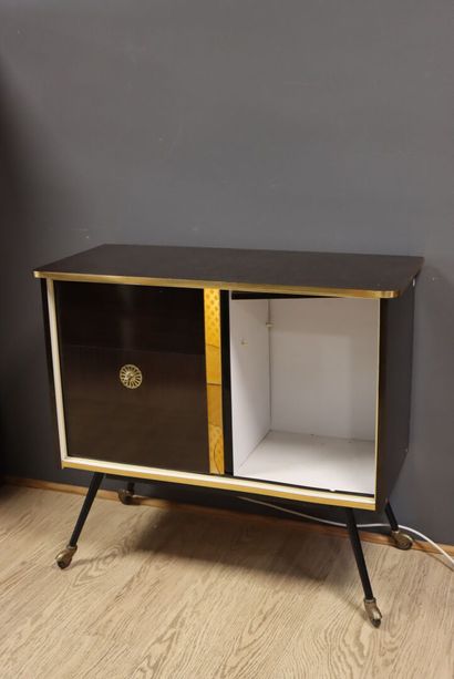 Wood and Formica bar cabinet in natural wood...