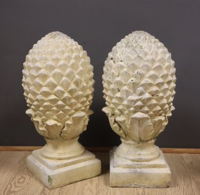 Pair of pine cones in white-painted resin,...