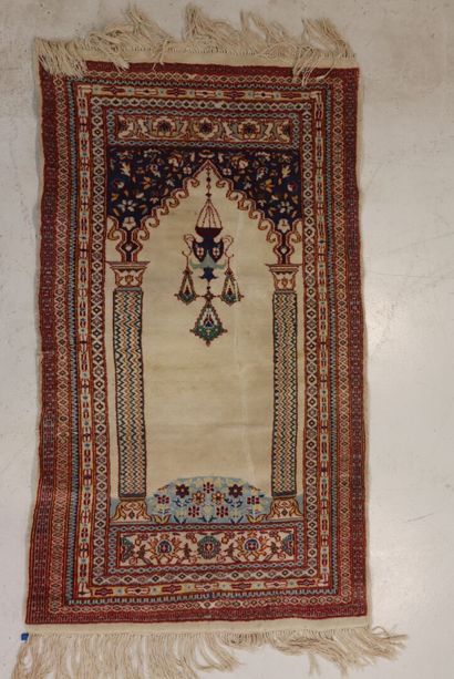 Wool and silk prayer rug with beige background,...