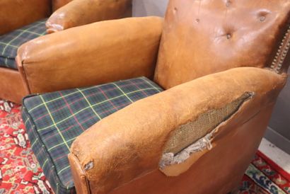 Pair of club armchairs upholstered in studded...
