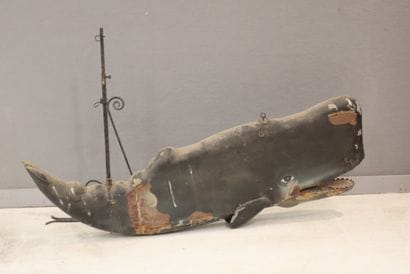 Sperm whale. Rare lacquered sheet metal sign....