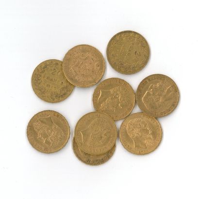 9 gold coins: 20 F Belgium (1865 x 2, 1867...
