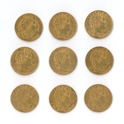 9 gold coins: 20 FF Cérès (1850 A x 2, 1851...