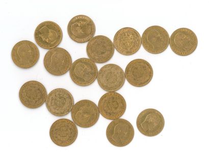 18 gold coins: 10 FF Napoléon III bare head...