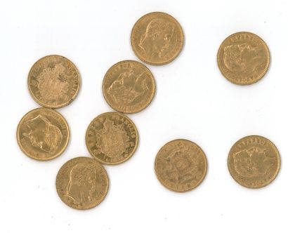 9 gold coins: 20 FF Napoléon III tête laurée...
