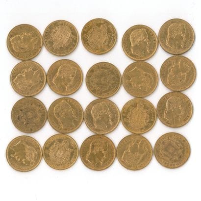 20 gold coins 20 FF Napoléon III tête laurée...