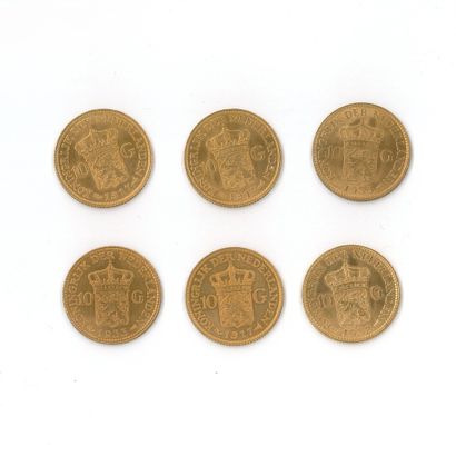 6 monnaies or : 10 florins Pays-Bas, Wilhelmina...