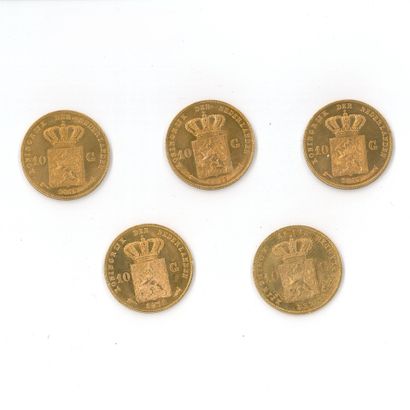 5 monnaies or : 10 florins Pays-Bas, Willem...