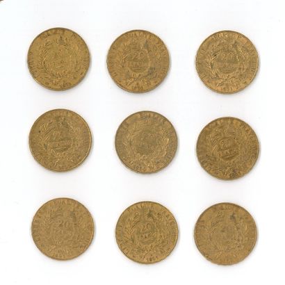 9 gold coins: 20 FF Cérès (1850 A x 2, 1851...