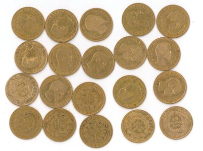 20 gold coins: 10 FF Napoléon III bare head...