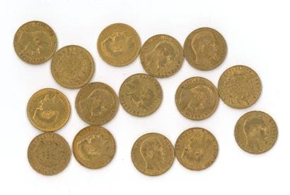 15 gold coins: 20 FF Napoléon III bare head...